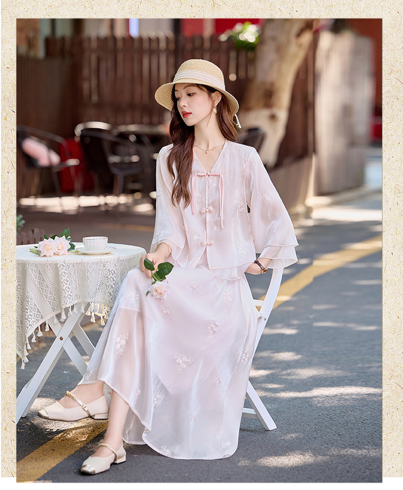 Bộ đầm maxi nữ thắt eo phong cách Trung Hoa mới tay ngắn cổ đứng — Màu như hình chi tiết 20