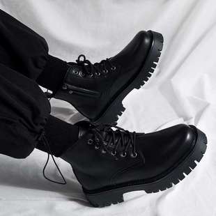 Martin Boots Men's Summer New British Style High-Top Leather Shoes Black Mid-Top Heightening Workwear Chelsea Short Boots Trendy