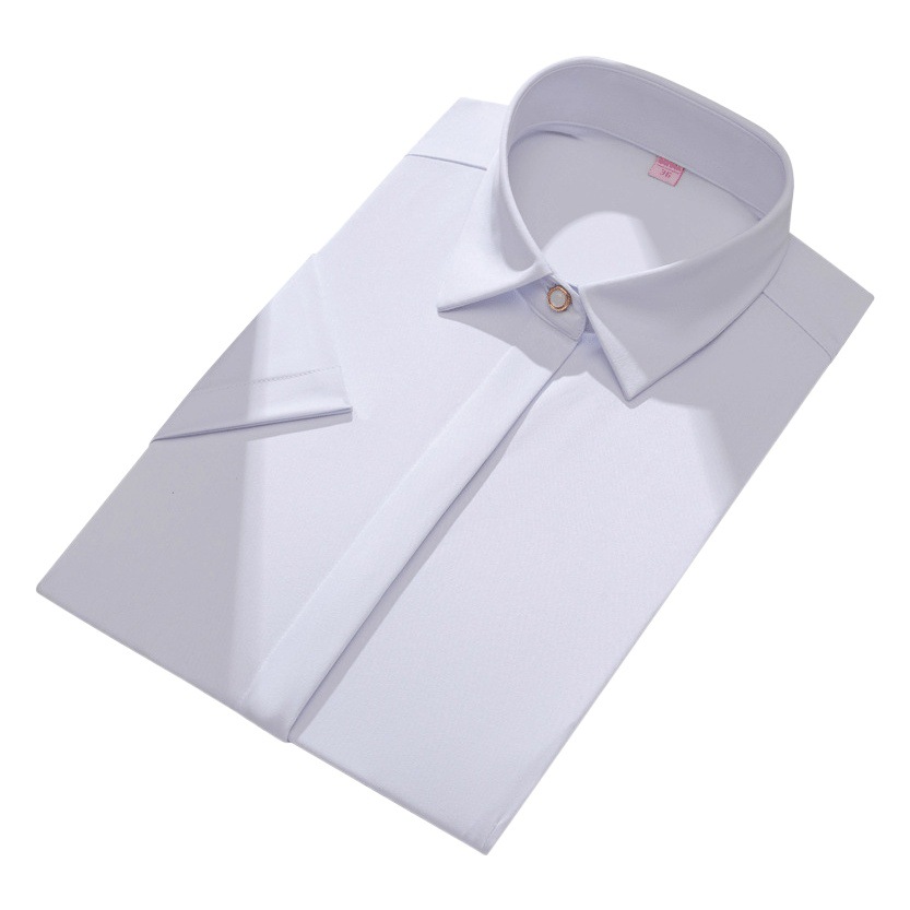Camisa de trabajo blanca de manga corta, color sólido, elástica, ajustada, para mujer, de fibra de bambú, transpirable, para ir al trabajo.