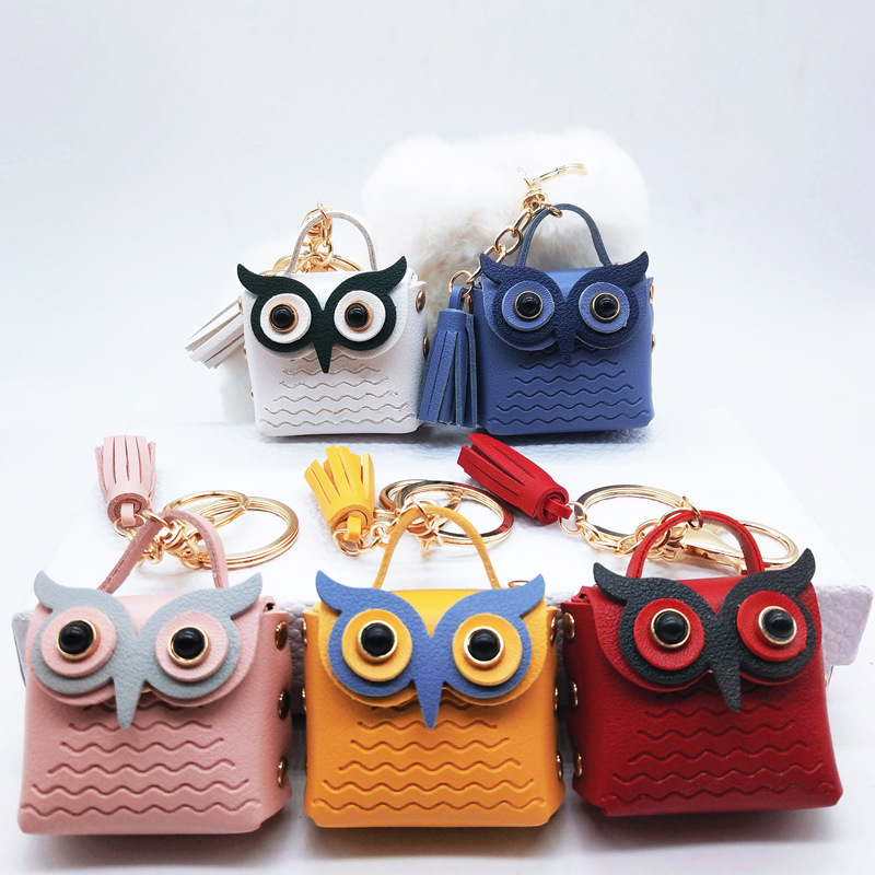 现货耳机盒钥匙扣PU皮质猫头鹰挂件女士包包挂饰迷你零钱包包韩版