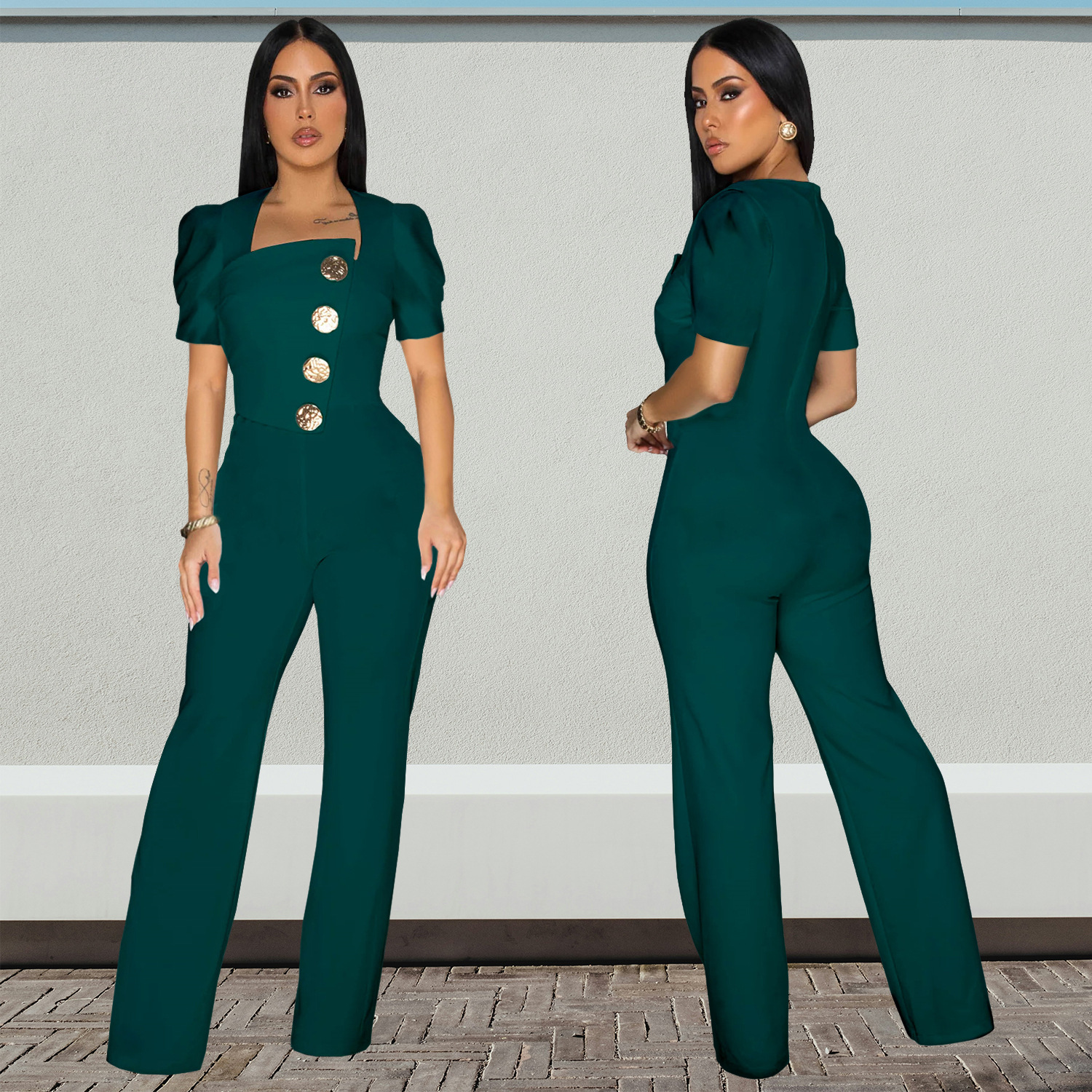 C7378 Cross-border AliExpress Amazon Ropa de mujer de moda europea y americana Botón grande Mono deportivo de pierna ancha de manga corta Nuevo image 5