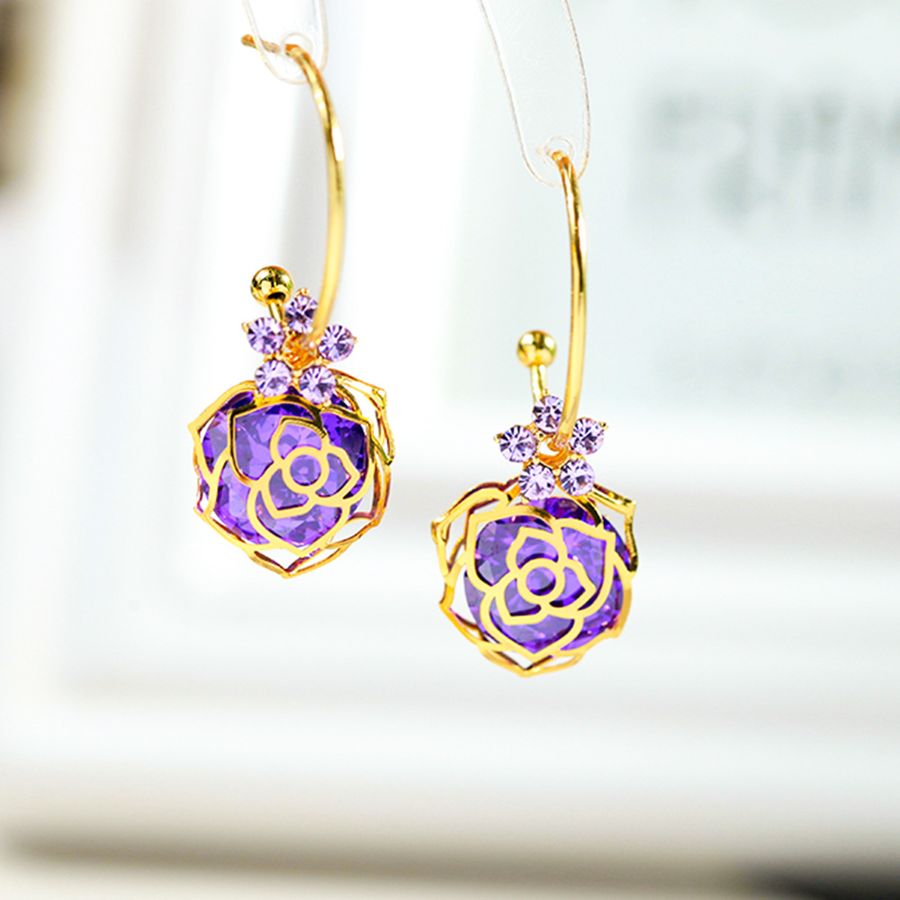 New Copper Gold-plated Purple Crystal Zircon Stud Earrings display picture 3