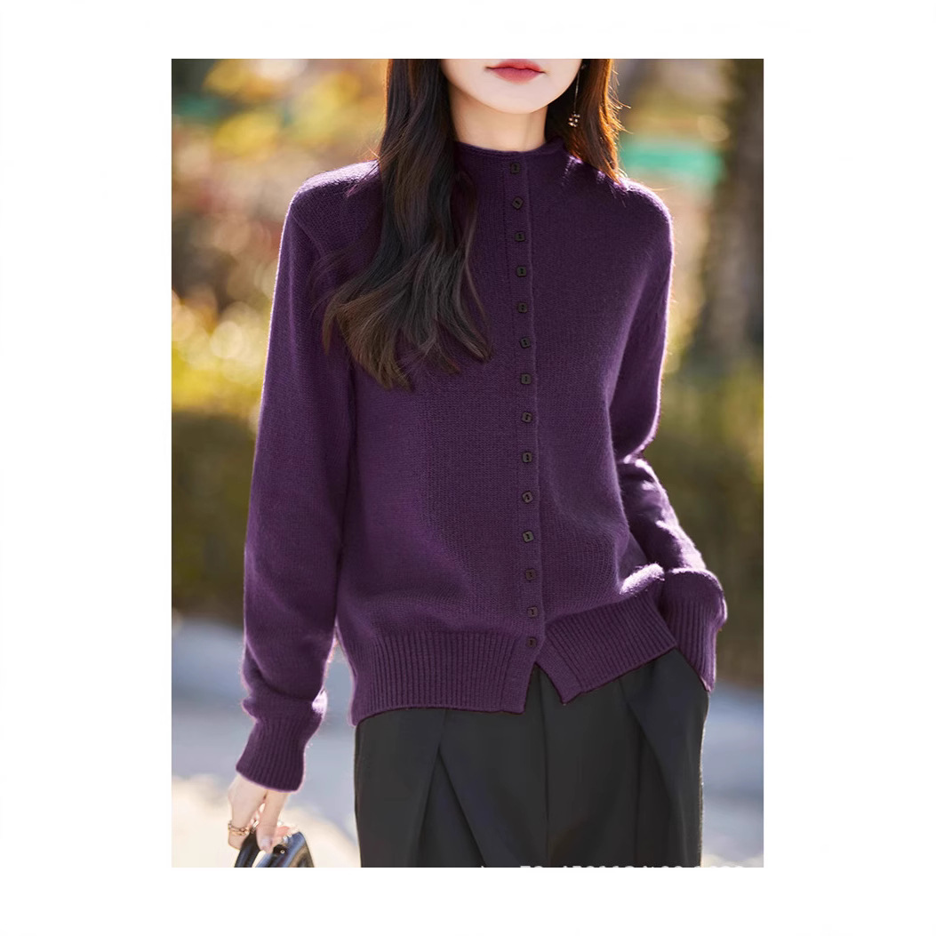 부드러운 스타일 높은 목 단일 가슴 단색 니트 카디건 여성의 2024 가을 및 겨울 새로운 느슨한 올 매치 스웨터 탑