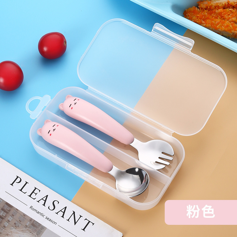 304ステンレスの子供の短い柄のフォークのスプーンの携帯セットの赤ちゃんの補助食の訓練のスプーンの赤ちゃんは食事の食器を学びます。|undefined