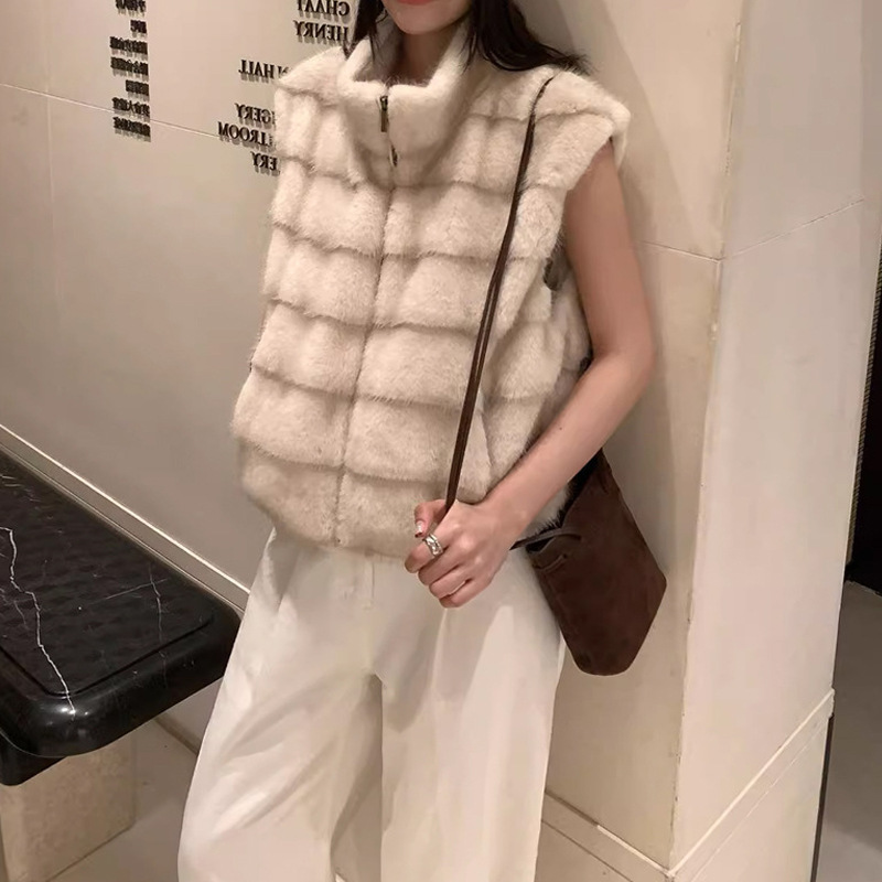 韩系穿搭复古风立领仿貂皮马甲女秋冬季气质保暖无袖毛毛拉链外套