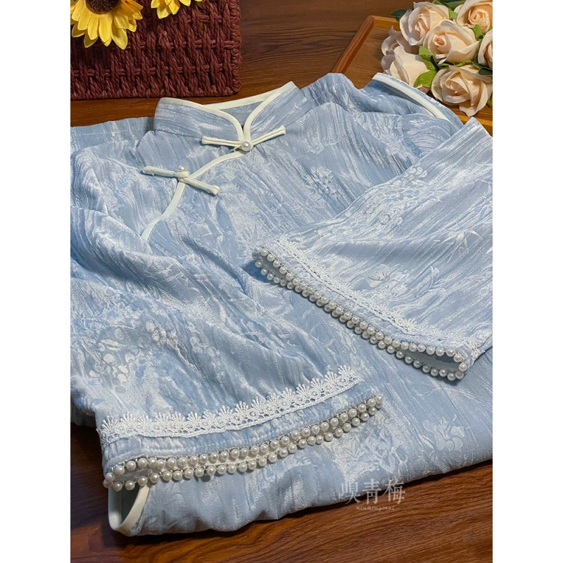 Новое прохладное платье Cheongsam с большими рукавами, новое художественное свежее синее платье с длинными рукавами для девочек в китайском стиле для женщин