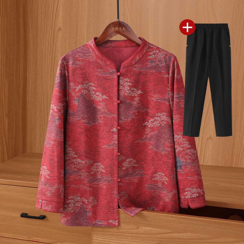 中老年人秋季套装女奶奶衣服长袖中式印花衬衫妈妈薄外套2025新款|undefined