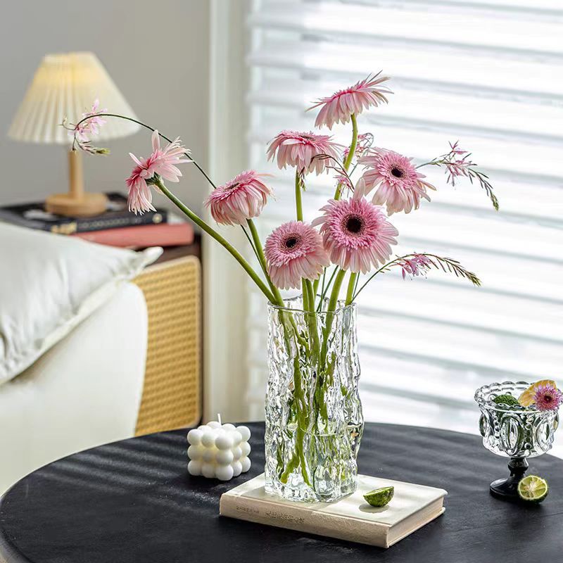 Flores ligeras de lujo vidrio transparente decoración creativa sala de estar flor de alta calidad mesa de comedor flores caseras rosa claveles