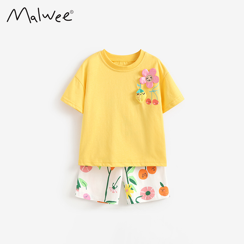 Trajes de niñas malwee transfronterizos verano nuevo cuello redondo camiseta de manga corta adorable niñas para niños europeos y estadounidenses