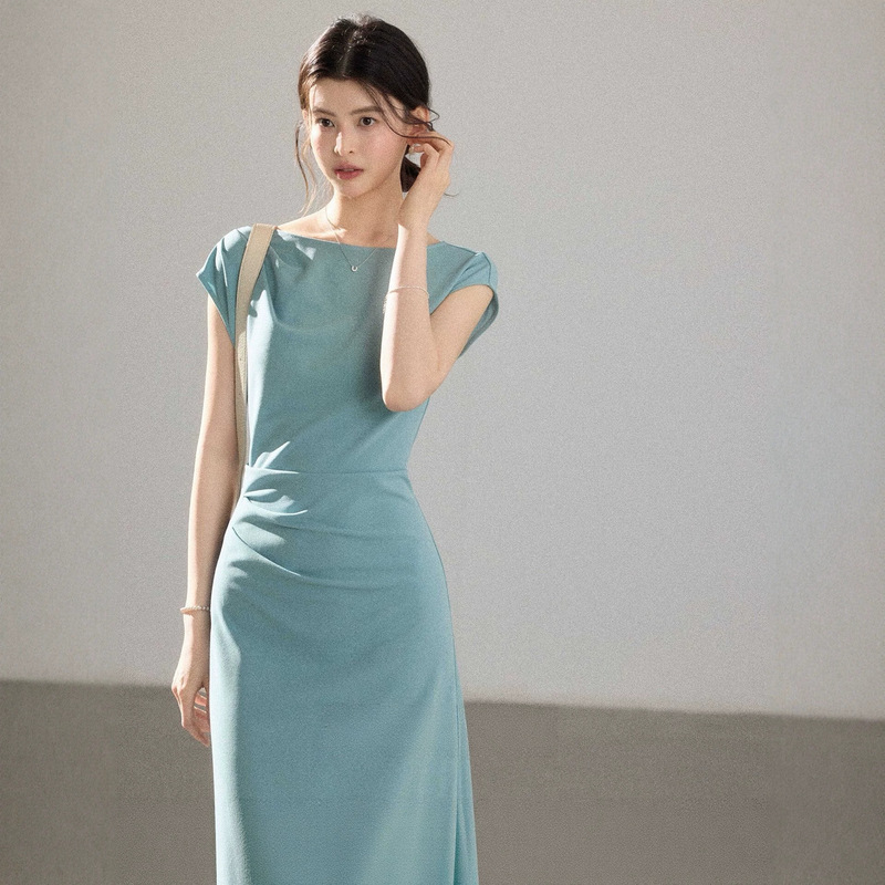 Eryang Design【Qingxu】Minimalist High-End One-Shoulder Dress for Women with Short Sleeves and Elegant Commuting Style Long Dress Eryang Design【Qingxu】Minimalist High-End One-Shoulder Dress for Women with Short Sleeves and Elegant Commuting Style Long Dress
