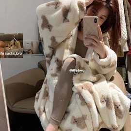 毛茸茸甜美小熊睡袍秋冬加厚保暖可爱睡衣女士韩版宽松行走的被子