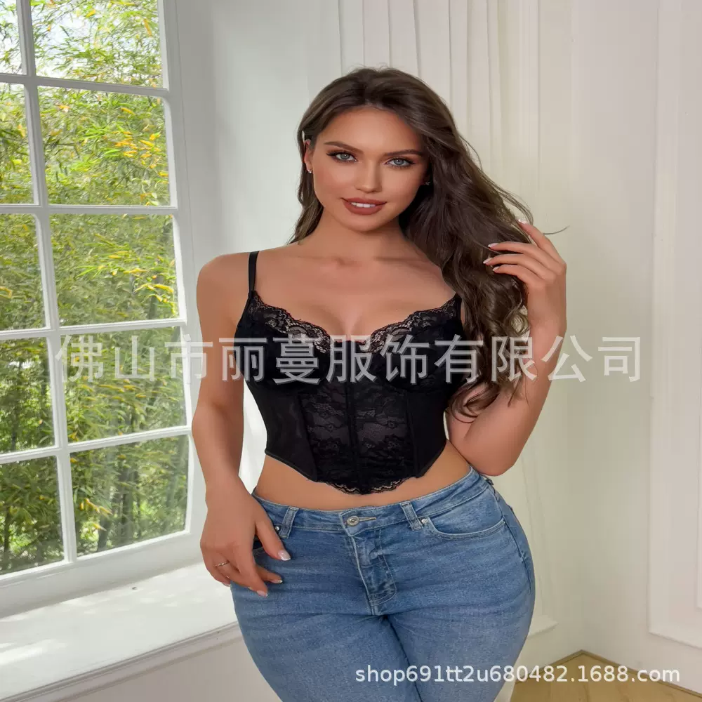 欧美跨境亚马逊高级性感蕾丝透视修身显瘦鱼骨辣妹吊带背心女