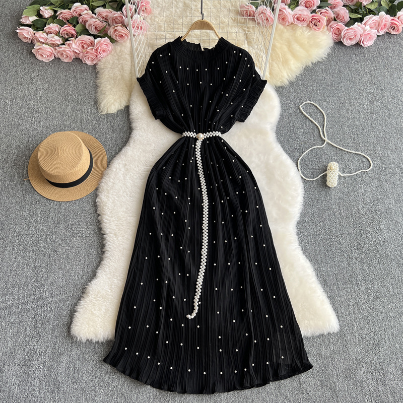Women's Clothing Heavy Beaded Round Neck Dress Waist Slimming Pleated Elegant Dress Long Skirt_ecoleips.com