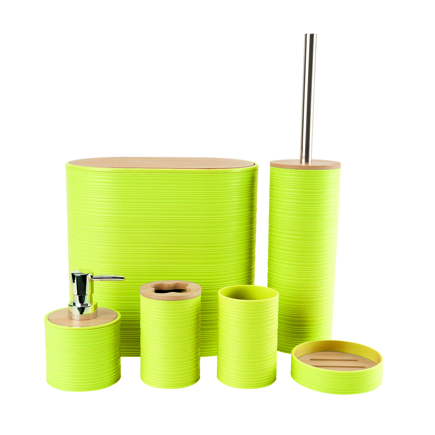 Tapa de bambú de patrón horizontal, baño, lavado de plástico, fabricante de seis piezas, almacenamiento de baño al por mayor, estante para enjuague, funda para cepillo de dientes