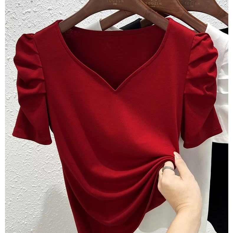 40-Count Threaded Cotton 2025 New Style V-Neck Summer French Elegant Top with Puff Sleeves T-Shirt for Women in Red 40-Count Threaded Cotton 2025 New Style V-Neck Summer French Elegant Top with Puff Sleeves T-Shirt for Women in Red