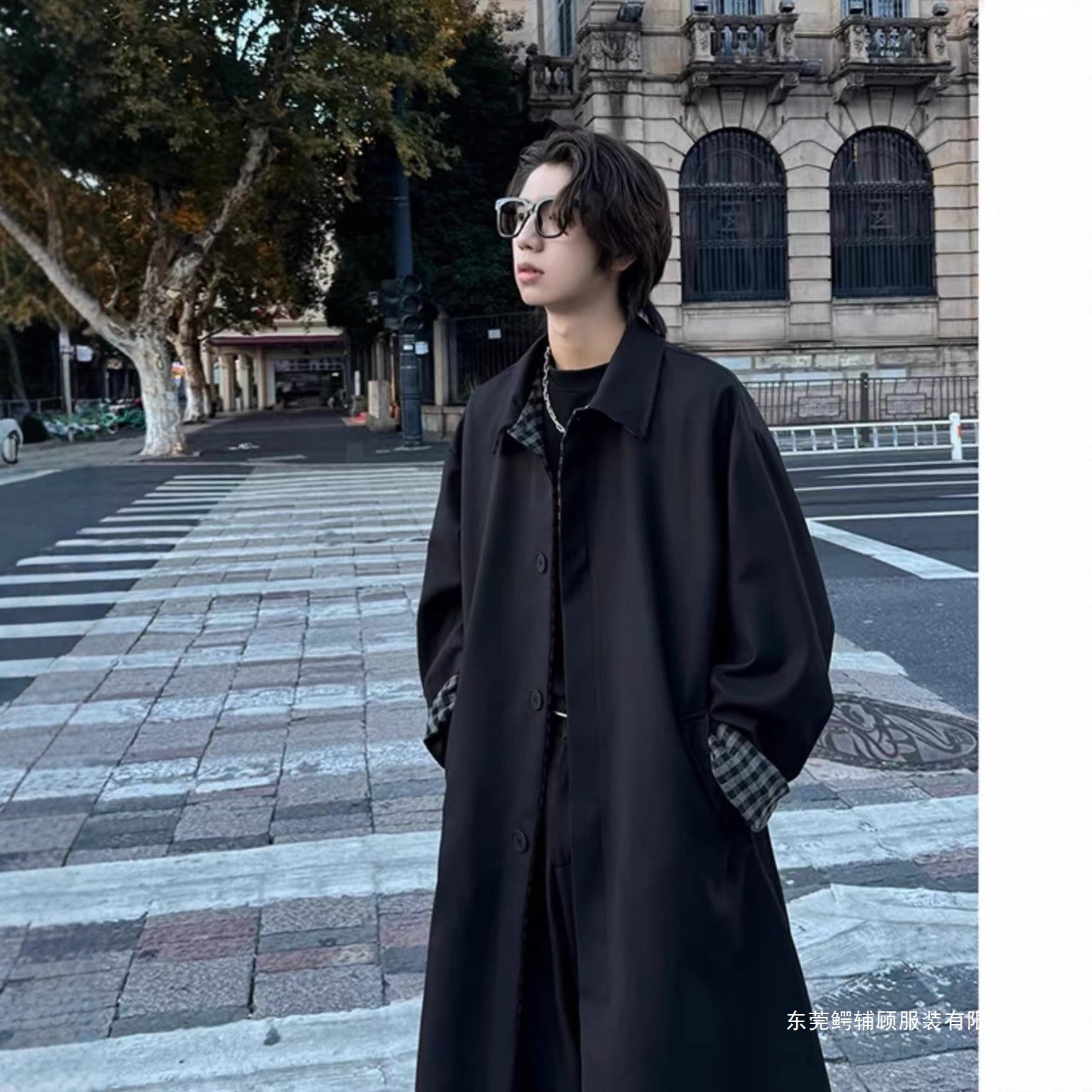 Loose Patchwork Plaid Jacket Spring and Autumn Long Top Versatile Elegant Korean Style Mid-Length Windbreaker Casual Black