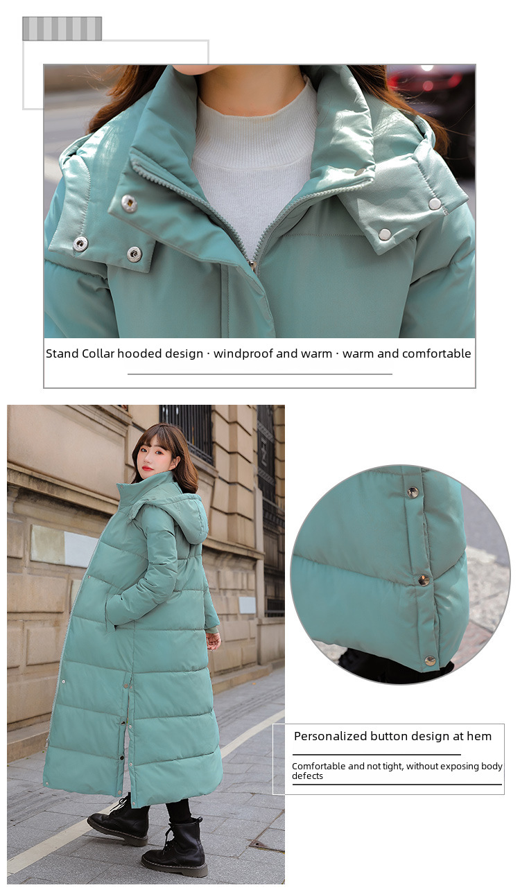 Long over-the-knee hooded Warm jacket jacket women's winter coat thickened warm over-the-knee solid color casual slim-fit cotton-padded jacket fashion_voghion.com