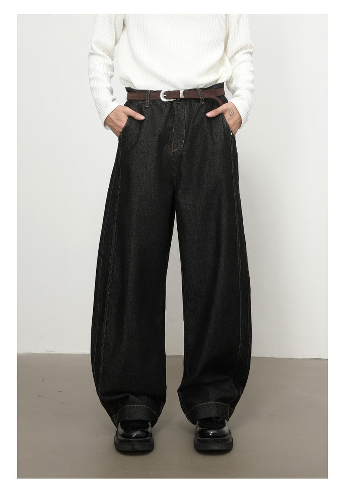 Quần jean nam denim đen dáng suông ống rộng kiểu banana lưng giữa, phong cách đường phố — Denim đen chi tiết 4
