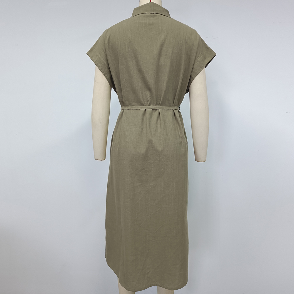 Women Clothes Collared Loose Long Shirt Dress Single Breasted Waist Dress