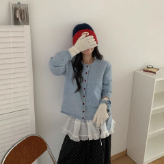 复古彩点杂线圆领围巾飘带毛衣开衫女秋冬宽松软糯波浪纹针织衫潮
