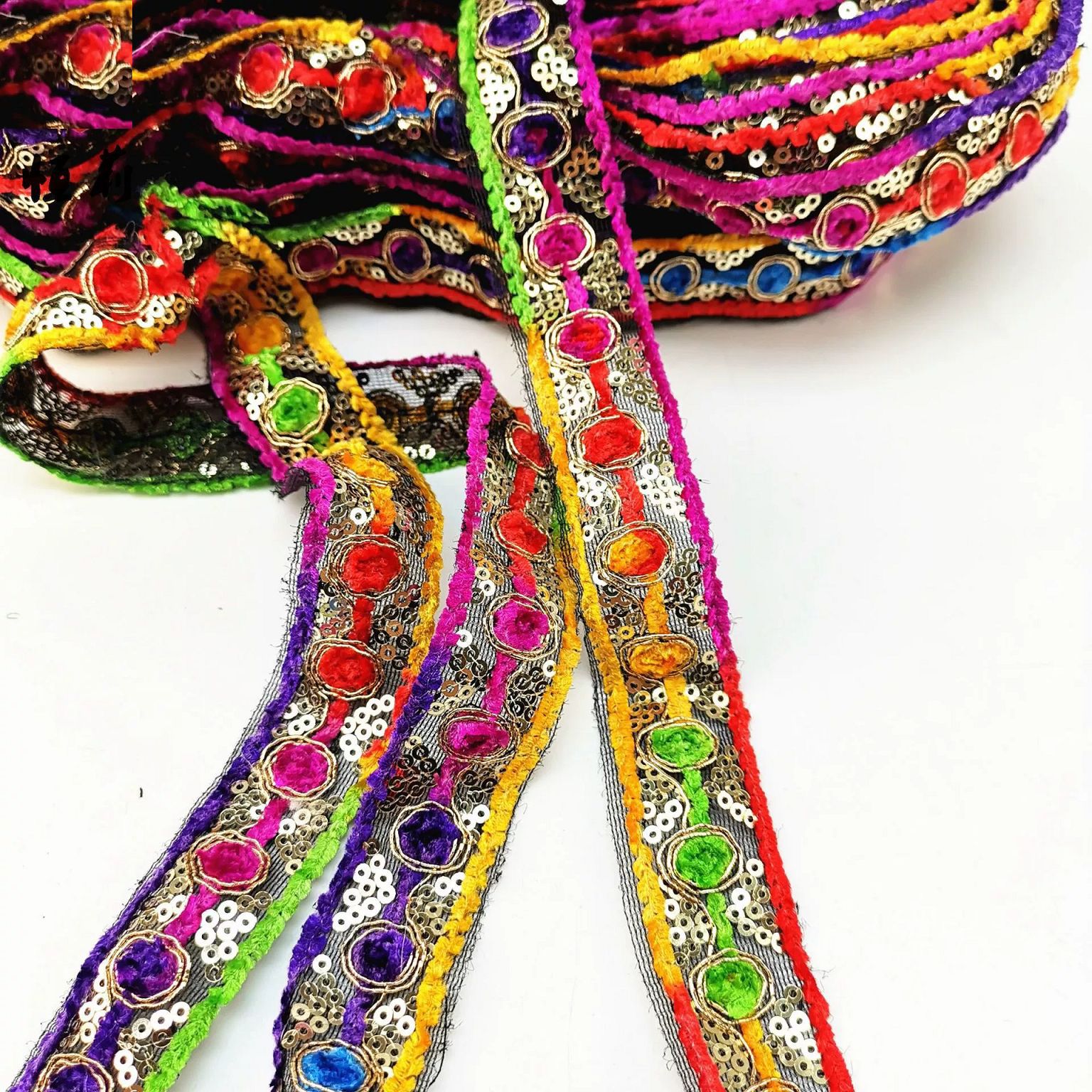 爆款复古刺绣花边 彩色特种机绣织带 镜片绣花条码 厂家直销织带