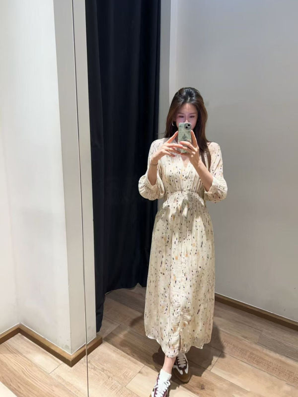 BA法式波西米亚风碎花裙女式印花裙V领收腰显瘦中长款连衣裙优雅|undefined