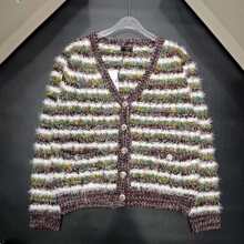 小稥家25早秋新款CC刺绣镂空撞色圆领长袖针织衫羊毛衣精致纽扣V