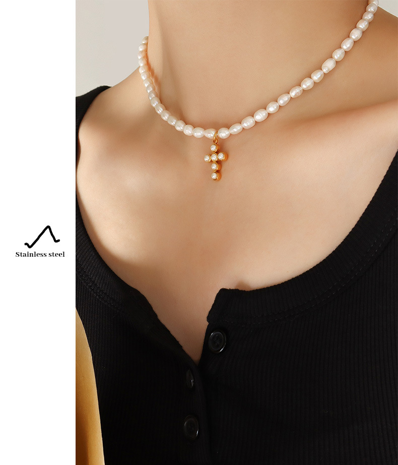 Elegant Cross Pearl Titanium Steel Plating Artificial Pearls Pendant Necklace