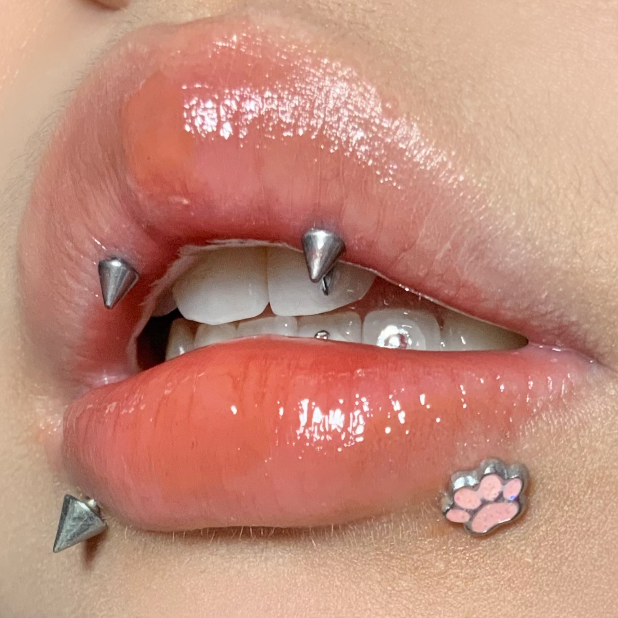 Pink Dog Bear Paw Oil-drip Glitter Titanium Steel Lip Piercing Ear Cartilage Piercing, Cute, Niche, Sweet And Cool_voghion.com