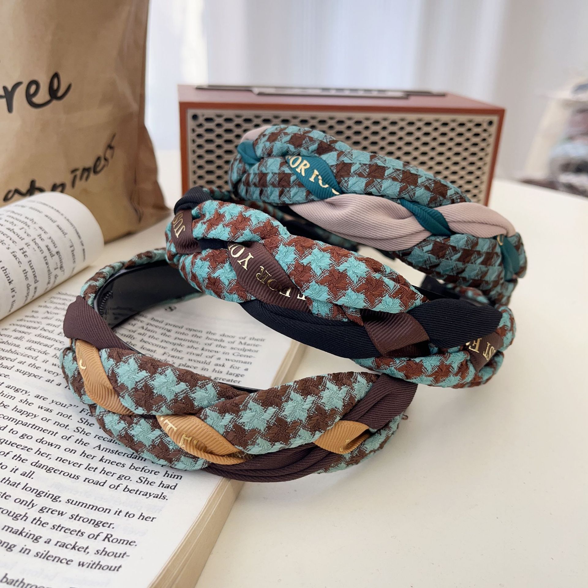 格子布藝發箍女韓國復古高顱頂寬邊髮夾秋冬彩色格紋壓發頭箍