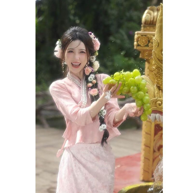 云南旅游穿搭西双版纳傣族服装粉色套装连衣裙女装少数民族风夏季