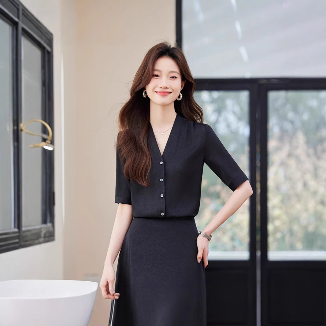 여름 하이 엔드 시폰 V-넥 전문 작업복 V-넥 반팔 셔츠 우아한 화이트 셔츠 여성용 주름 방지 탑