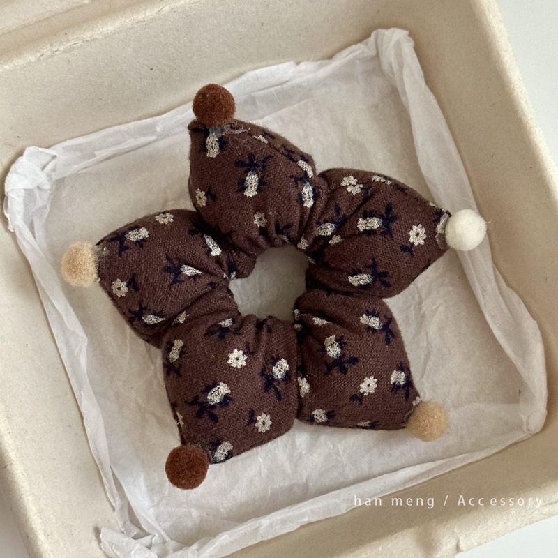 咖色碎花布艺海绵发圈手作星星造型大肠圈女童丸子头皮筋小号发饰|undefined