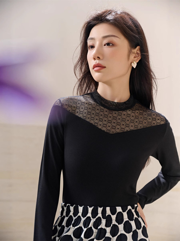 2025新款半高领蕾丝拼接打底衫洋气内搭外穿长袖小衫修身显瘦女上|undefined