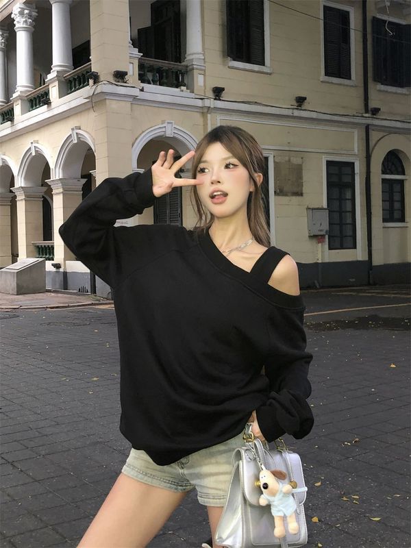 美式辣妹斜肩长袖卫衣女秋季2025新款设计感小众慵懒别致露肩上衣|undefined