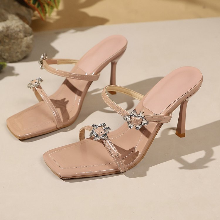 Sandalias de Tacón Alto con Tira de Tela y Caucho, Tacón Fino, Punta Cuadrada, para Verano image 5