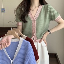 V领短款针织开衫夏季新款薄款撞色修身显瘦百搭甜美可爱短袖上衣