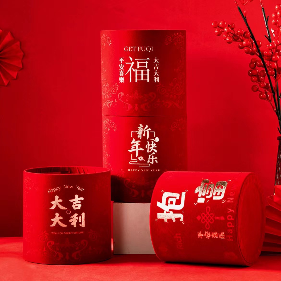 Barril de Año Nuevo cubierto de doble redondo estampado dorado rojo abrazar barril de tela de terciopelo al por mayor barril de flores de flores de Año Nuevo