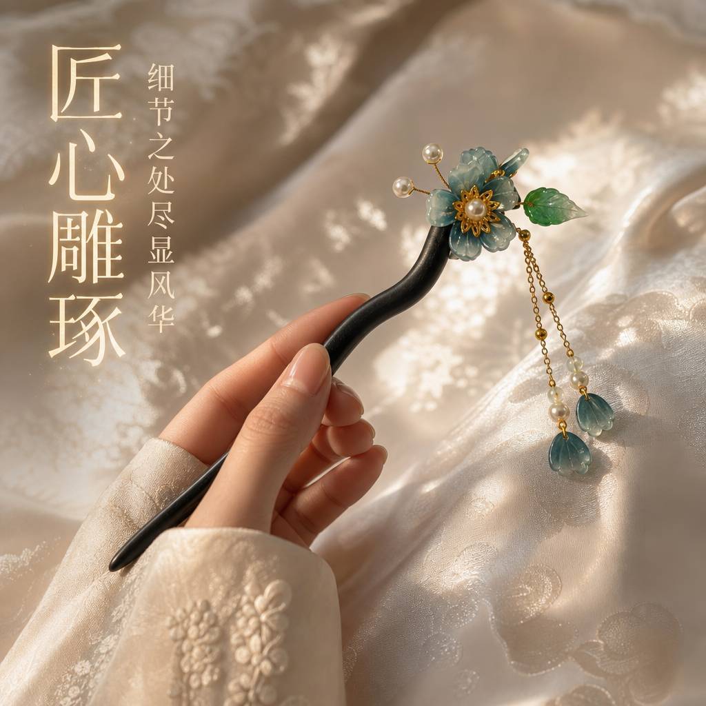 仿黑檀木发簪玉兰花流苏步摇汉服日常可盘发簪子饰品女黑檀木发簪