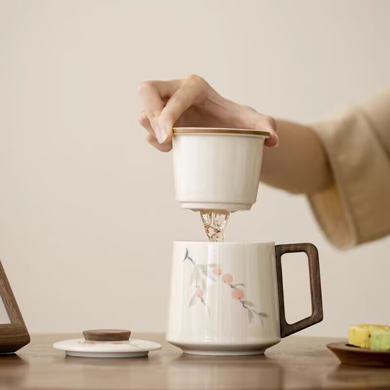 草灰手描きマグカップ蓋付きセラミックウォーターカップティーカップハイエンド茶水分離オフィスカップティーカップギフト|undefined