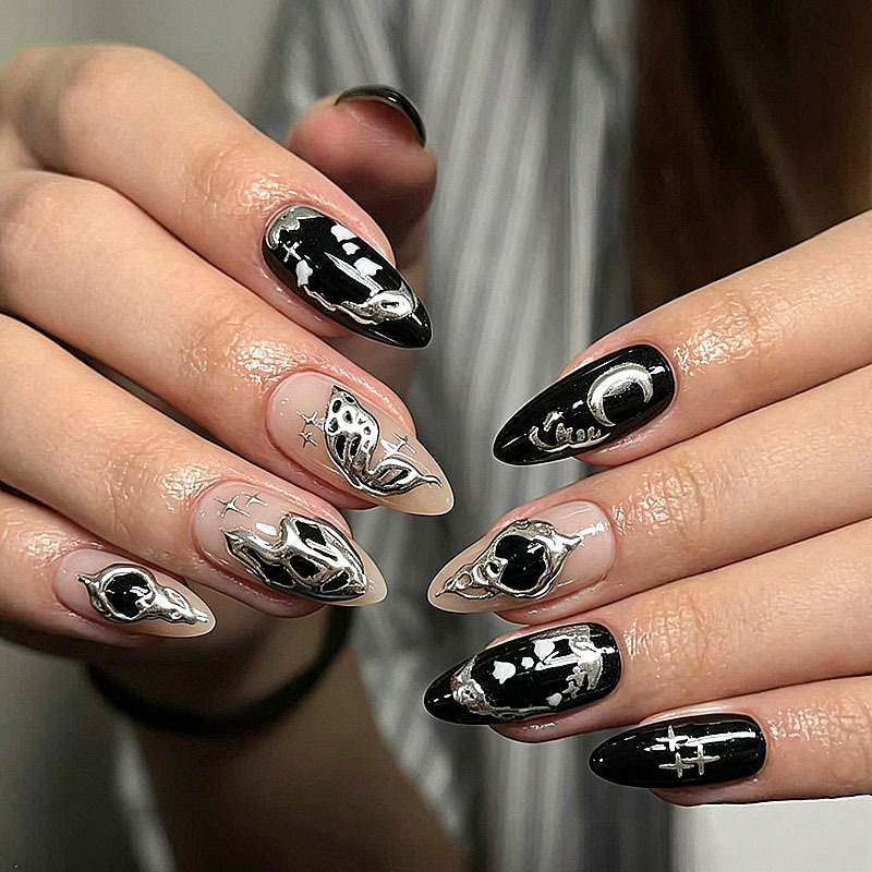 Dark Star and Moon Silver Line Press-On Nails Almond Nail Tips Hot Girl Nails Removable Nail Art Wholesale Finished Pre-Made Nails