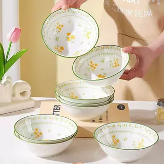 包邮小清新家用陶瓷餐具碗盘米饭碗面碗汤碗釉下彩饭盘菜盘子汤盘