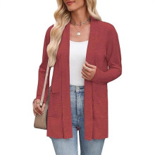 亚马逊2025女式中款开衫T恤衫欧美风简约口袋长袖开衫针织衫上衣