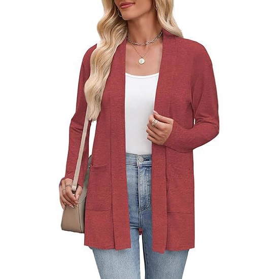 亚马逊2025女式中款开衫T恤衫欧美风简约口袋长袖开衫针织衫上衣