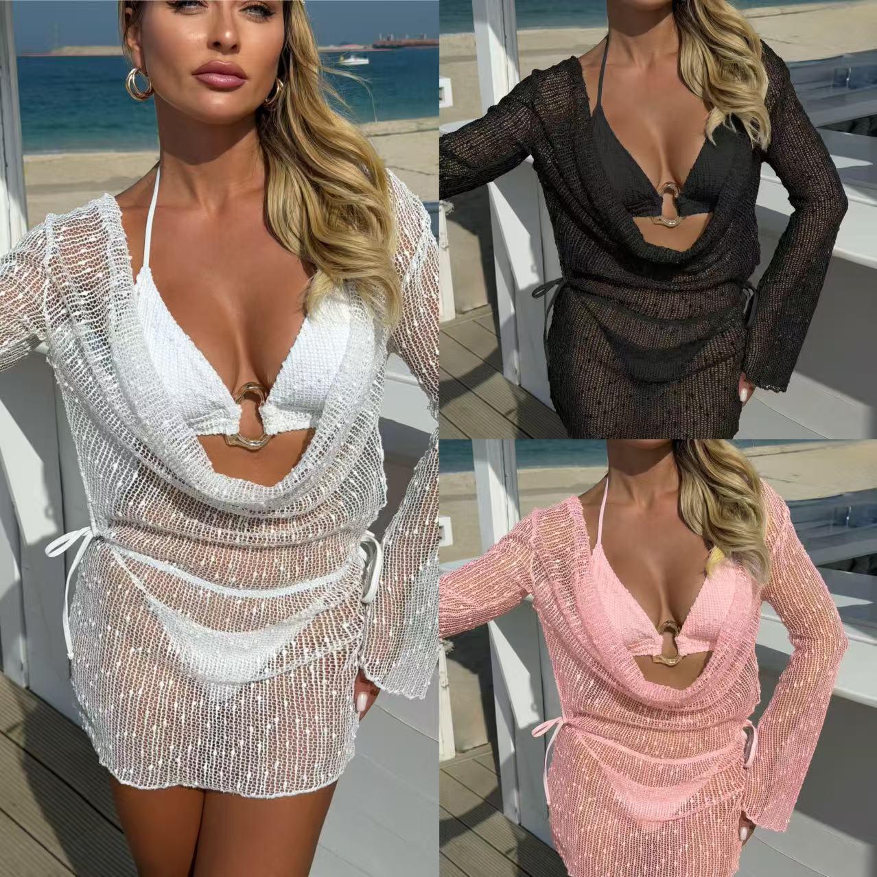 Women's Three Piece Sequin Mesh Swimsuit With Long Sleeves_voghion.com