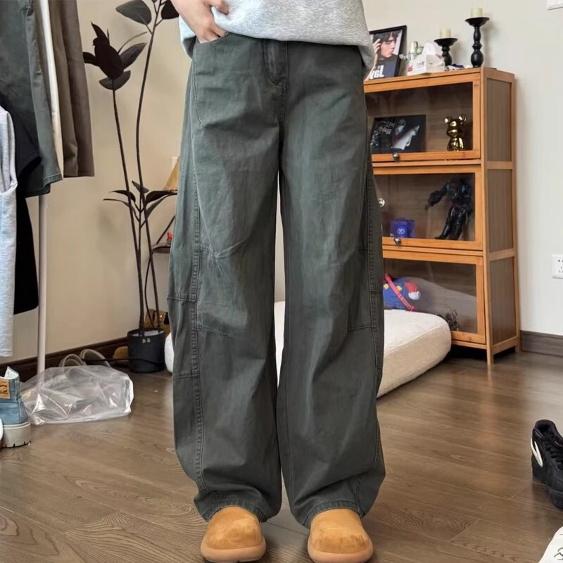 Army Green Washed Cotton Cargo Pants for Men and Women, Summer Thin Baggy Scimitar Jeans, American Wide-Leg Pants