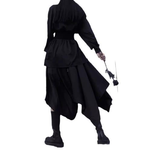 Mens Spring and Autumn Half-Body Skirt, High-Waisted Irregular Yamamoto Design, Dark Black Style Long Dress for Women, Retro