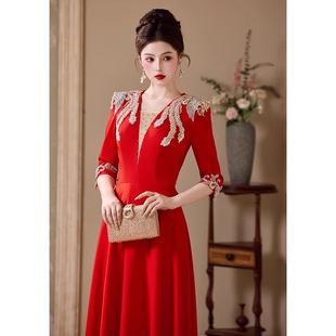 Evening Dress Banquet Host Female High-End Performance Test Folk Song Solo Chorus Conductor Red Engagement Skirt
