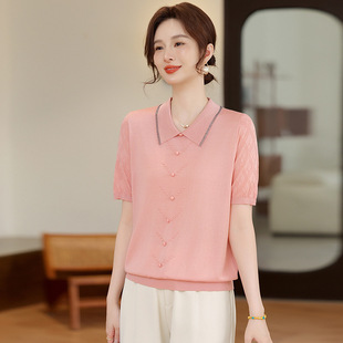 Summer 2025 New Chinese Style T-shirt Loose Slimming Lapel Short-sleeved Mother's Fashionable Casual Ice Silk Top