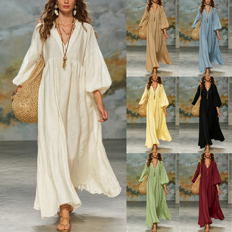 European and American Style Lazy Bohemian Dress for Women, Cotton and Linen, Deep V-Neck, Lantern Sleeves, Loose Fit, Large Hem, Cross-Border Vacation Long Dress